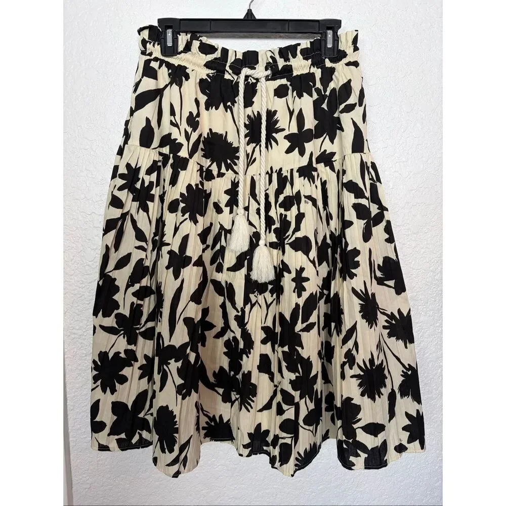 Moon River Floral Print A-line Full Midi Skirt Ivory, Black Size L
